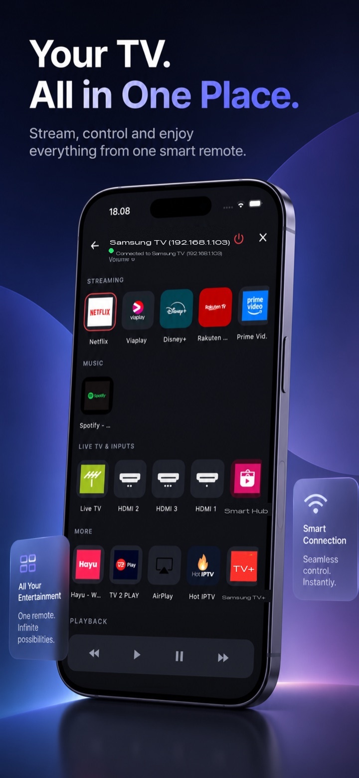 App launcher screen: streaming, music, live TV inputs and playback in one place